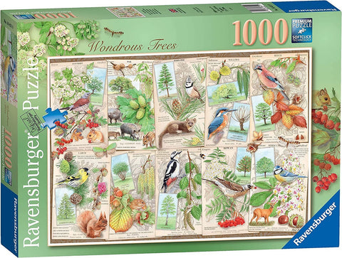 Dėlionė Ravensburger 1000 detalių, žalia dėžutė su medžių, paukščių ir gyvūnų iliustracijomis, pateikta iš priekinio kampo