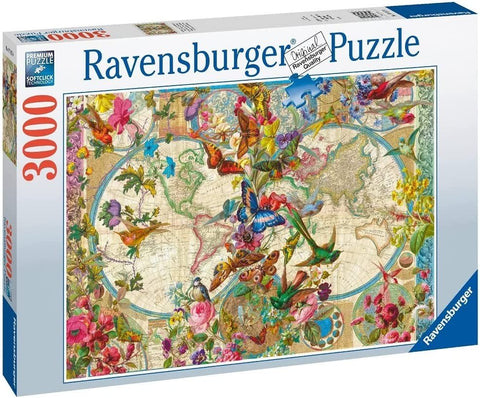 Dėlionė Ravensburger 3000 dalių su senoviniu pasaulio žemėlapiu, ryškiomis gėlėmis, paukščiais ir drugeliais