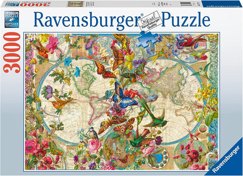 Dėlionė Ravensburger 3000 dalių — spalvotas pasaulio žemėlapis su gėlėmis, drugeliais ir paukščiais, didelis formatas