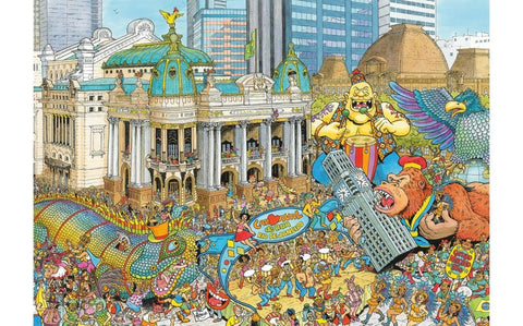 Karnavalo plakatas su detalizuota Rio de Žaneiro parado scena, spalvingi milžiniški personažai, būriai šokėjų ir architektūros detalės