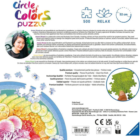 Dėlionė Circle of Colors, Ravensburger, 500 detalių, 52 cm skersmens, apvalus Poke Bowl dizainas ir pakuotės informacija