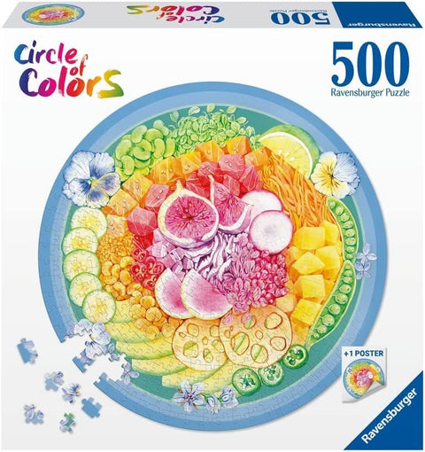 Dėlionė Ravensburger 500 dalių — apvali ryški vaisių ir daržovių kompozicija, dalimis nesurinkta, su plakatu