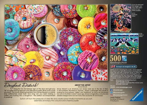 Dėlionė 500 det. Ravensburger – ryškių spurgų ir kavos kompozicija, skirta ramiam dėliojimui