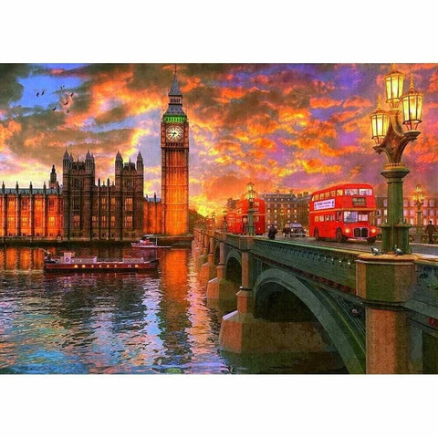 paveikslas Big Beno ir Vestminsterio tilto panorama saulėlydyje oranžinėmis ir violetinėmis spalvomis, 60×40 cm drobė su raudonais autobusais