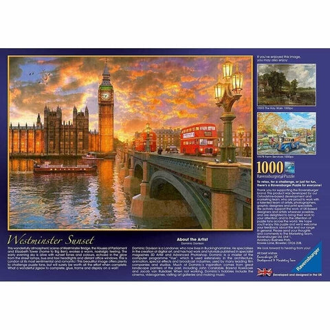 Dėlionė Ravensburger 1000 detalių Westminster Sunset – vakarinis Londono tilto ir Big Beno vaizdas su raudonu dviejų aukštų autobusu