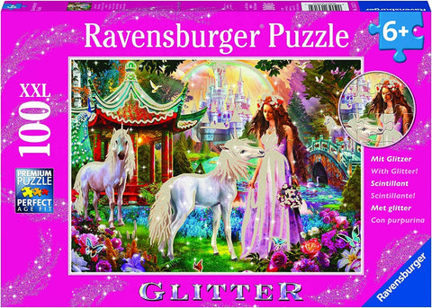 Dėlionė Ravensburger 100 dalių XXL rožinėje dėžutėje su blizgučiais, vienaragių ir princesės pasakine iliustracija