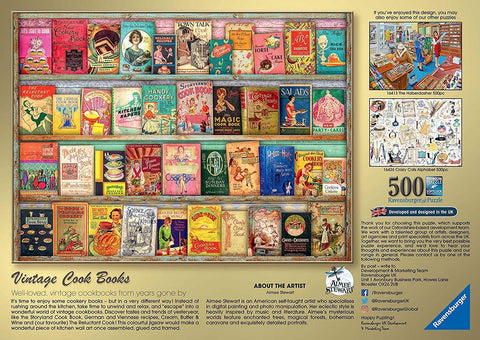 Dėlionė Ravensburger 500 detalių, retro kulinarinių knygų lentyna; pakuotės nugarėlė su dizaino ir specifikacijomis