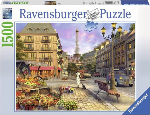 Puzzle Ravensburger 1500 dalių — Paryžiaus gatvės scenos dėlionė su Eifelio bokštu, vaisių prekystaliu ir moterimi su šunimi