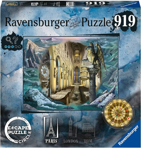 Ravensburger galvosūkis 919 detalių, ant dėžutės gotikinės katedros interjeras su grifonu ir kalnų peizažu