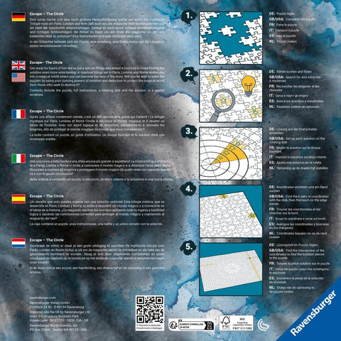 Dėlionė Ravensburger – dėžutės užpakalis su kelių kalbų instrukcijomis, 5 žingsnių schemomis ir mėlynu kosminiu fonu