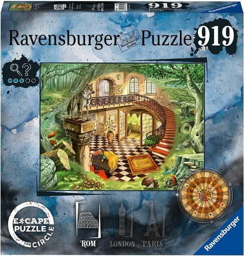 Dėlionė Ravensburger 919 dalių, Escape Puzzle "The Circle" Rom variantas – mėlyna dėžės priekinė dalis su iliustruotu lobio rūmų piešiniu ir žaidimo ratu