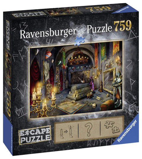 Galvosūkis Ravensburger 759 detalių — viduramžių kriptos scena ant dėžutės priekinio kampo, Escape Puzzle variantas