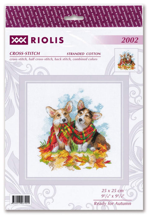 Siuvinėjimo rinkinys kryželiu, 25×25 cm — pakuotės priekis su dviem korgių motyvais, raudonai‑žaliomis skaromis ir rudeniniais lapais