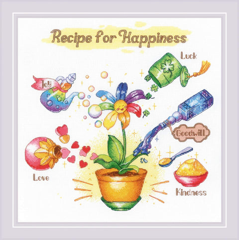 Plakatas akvarelinis „Recipe for Happiness“ kvadratinis su spalvota gėle ir laimės ingredientų iliustracija, baltu rėmu.