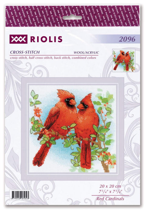 Kryželių rinkinys Riolis 20×20 cm — raudonos kardinolės ant šakelės, pakavimo viršelis su pavyzdžiu