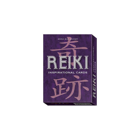 Reiki kortos (Anna Eva Jahier) purpuriniame dėkle, matomas dėklas iš priekio ir šono, 44 įkvėpimo kortų komplektas