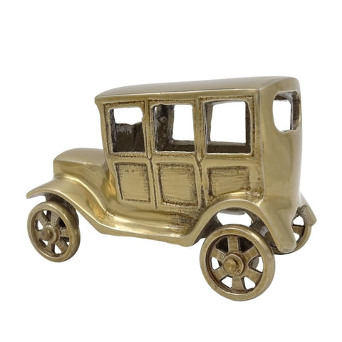 Bronzinis automobilis dekoratyvinis retro modelis auksinės spalvos, matomas iš priekinio‑šoninio rakurso