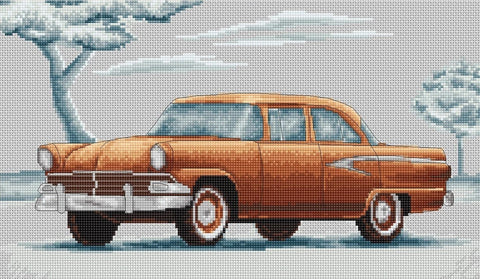 Kryželių rinkinys: oranžinis retro automobilis trijų ketvirčių kampe ant žiemiško fono su matomu dygsniu