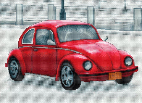 raudonas klasikinis automobilis – vabaliuko formos modelis, matomas iš kairiojo priekinio kampo, blizgus lakas ir ryškios ratų detalės