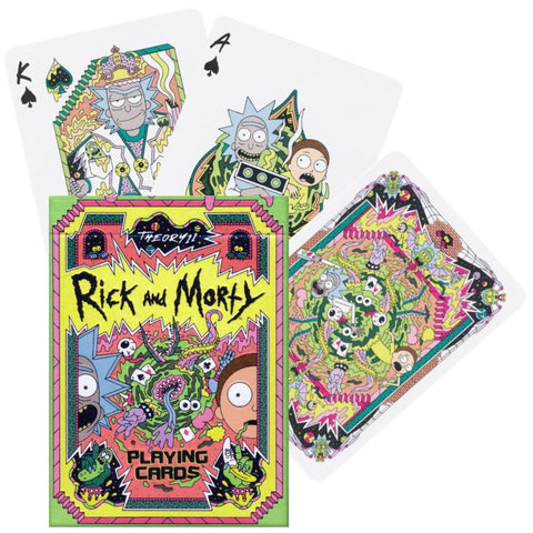 Kortos Rick and Morty tematikos su ryškiu neoniniu dangteliu ir keliomis išskleistomis kortomis, rodoma dėžutės priekinė pusė ir atverstos kortos