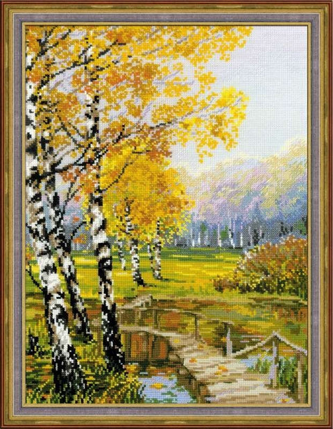 Kryželių rinkinys, rėmuotas rudens beržų peizažas su mediniu tiltu ir auksiniais lapais, 40×50 cm, frontalus kampas