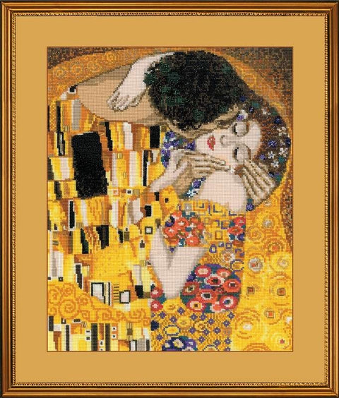 Deimantinė mozaika Gustavo Klimto „Bučinys“, aukso tonų reprodukcija, rėmuota 40×50 cm, artimas centrinis planas