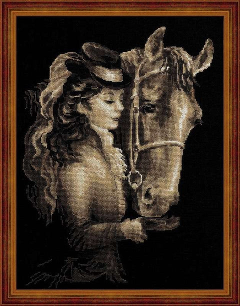 Siuvinėjimo rinkinys: sepijos tonų moters ir žirgo portretas, medinis rėmas, vertikali 40×50 cm kompozicija