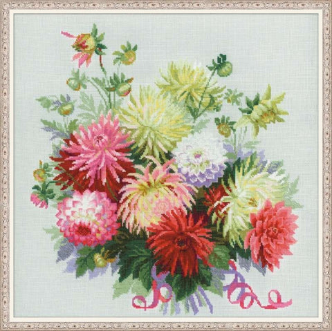 kryželių rinkinys – baigtas didelis pastelinių ir ryškių chrizantemų puokštės paveikslas 60×60 cm, dekoratyvus baltas rėmas