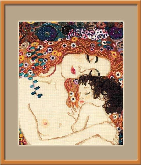 siuvinėjimo rinkinys motina su kūdikiu, šiltų oranžinių plaukų motyvas, rėmuotas portretinis variantas, 40×50 cm