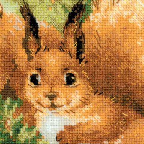 Siuvinėjimo rinkinys – arti detalė: oranžinės voverės piešinys ant drobės su matomais kryžiaus dygsniais ir spalvų niuansais
