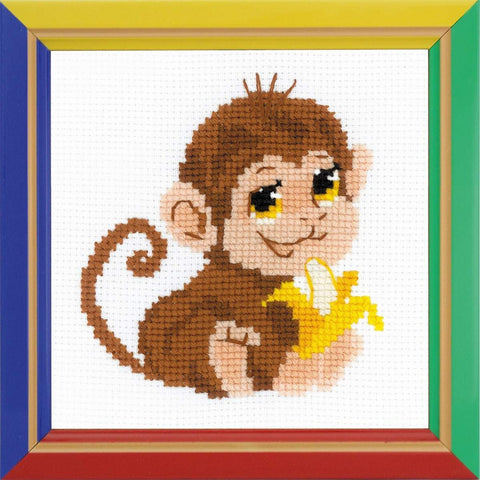 Kryželių rinkinys ruda beždžionėlė su geltona banana ir spalvotu rėmu, arti ir iš priekio matomas