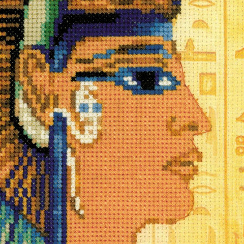 Siuvinėjimo rinkinys: artiškas Egipto profilio kryželių siūlių detalės oranžiniais ir mėlynais siūlais