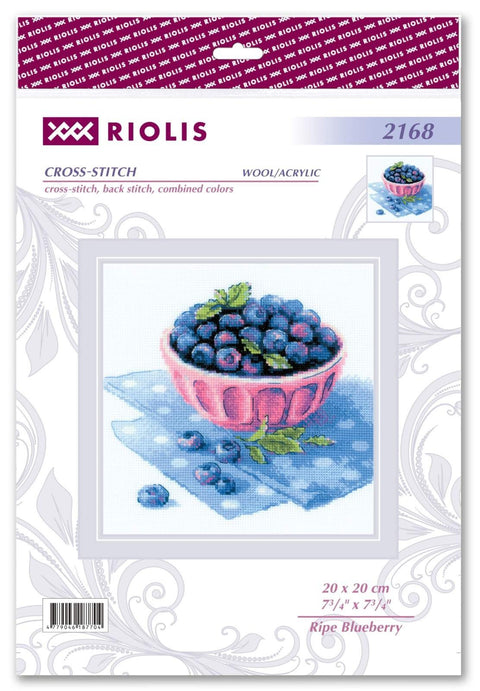 Kryželių rinkinys Riolis su mėlynių dubenėliu (rožinė), 20×20 cm, paruoštas siuvinėjimo motyvas ant mėlyno taškuoto rankšluostėlio