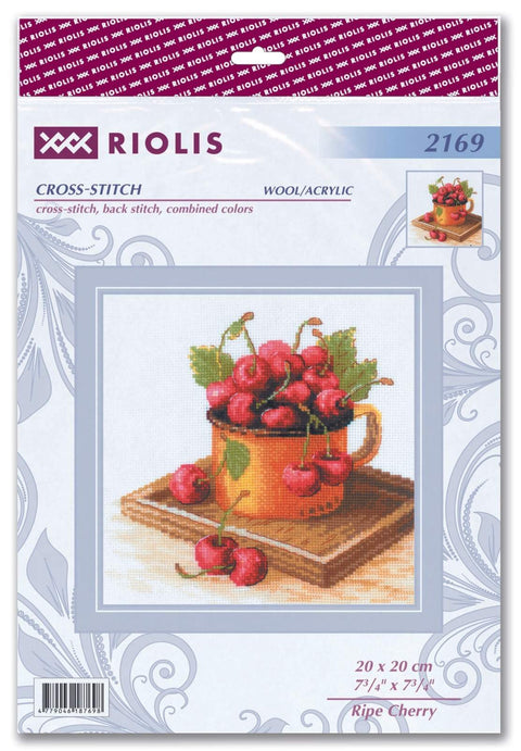 Kryželių rinkinys Riolis 20×20 cm, prinokusios vyšnios oranžiniame puodelyje su žaliomis lapelėmis, vilna/akrilas