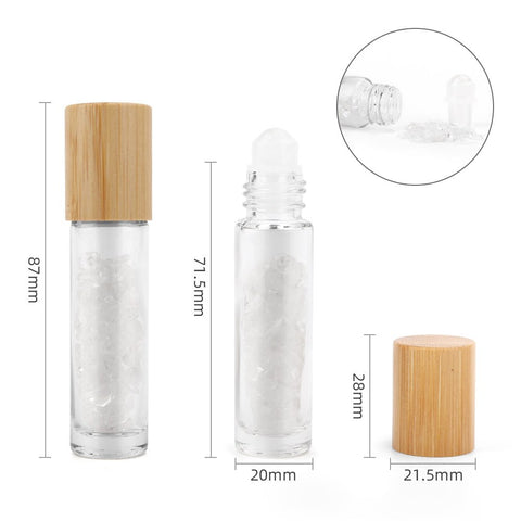 Stiklinis ritulinis buteliukas su bambuko kamščiu, 20 mm pločio × 71,5–87 mm aukščio, rodomas užpildymas ir kamuoliuko artimas planas