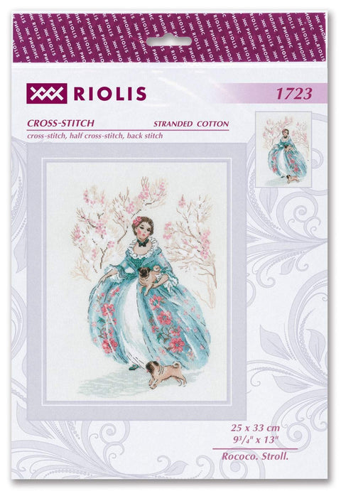 Kryželių rinkinys Riolis: moters su turkio spalvos gėlėta suknia ir du mopsai, dizainas skirtas 25×33 cm darbui