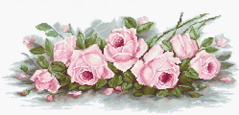 Kryželių rinkinys rožių kompozicija 40×20 cm, rausvų rožių ir žalios lapijos detalės, pilnas siuvinėjimo dizainas