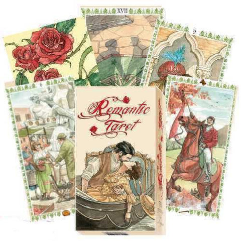 Romantic Tarot taro kortų rinkinys su retro akvarelės dizainu, dėžutė priekyje ir išskleistos pavyzdinės kortos