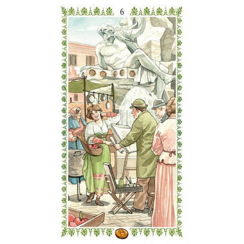 tarot korta, akvarelinis miesto turgus su moterimi parduodančia obuolius prie fontano, vertikalus spaudinys