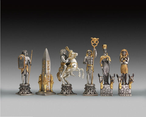 šachmatai Egipto tematikos, sidabru ir auksu dengtos detalios figūros, šeši sustatyti priekinėje eilėje kolekciniam rinkiniui