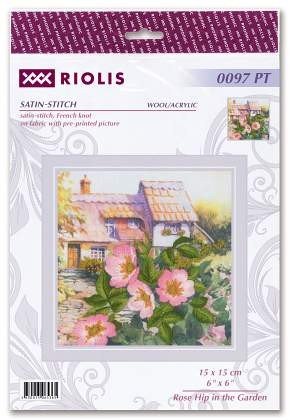 Siuvinėjimo rinkinys Riolis 'Rose Hip in the Garden', 15×15 cm, satino siūlės motyvas ant pakuotės