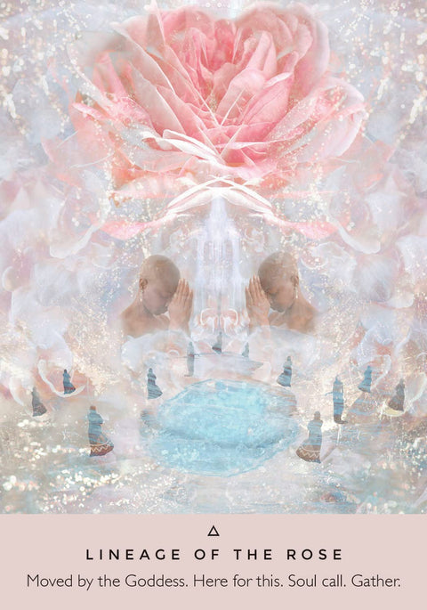 korta Lineage of the Rose, pastelinė rožinė meditacinė iliustracija su didžia rože viršuje ir maldančiomis figūromis