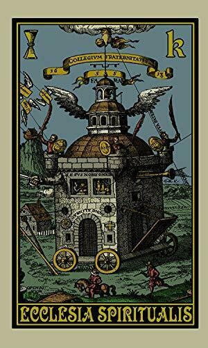 Tarot korta Ecclesia Spiritualis su alegorine architektūros iliustracija, sodriomis žaliomis, rudos ir geltonos spalvos akcentais, rodoma iš priekio