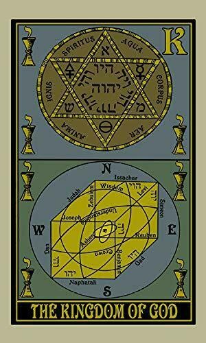tarot korta The Kingdom of God su auksiniu ir tamsiai mėlynu simbolių piešiniu, priekinis dizainas