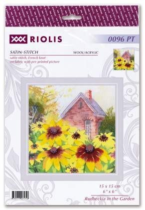 Siuvinėjimo rinkinys Riolis (satino dygsnis) 15×15 cm — pakuotės dizainas su geltonomis rudbekijomis