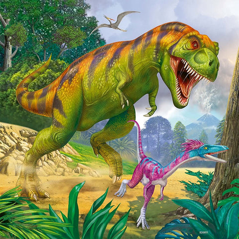 Dinozaurų dėlionė su ryškiai žaliu T. rex ir rožiniu‑žydru raptoriu, ugnikalnio fone, 1000 dalių