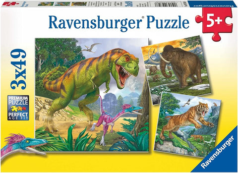 Dėlionė Ravensburger 3×49 dalių vaikams, dėžutės priekinė pusė su spalvingais dinozaurų, mamutų ir tigro piešiniais