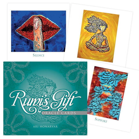 Rumi's Gift kortos Ari Honarvar — turkio spalvos dėžutė ir keturios pavyzdinės kortos su ryškiais abstrakčiais piešiniais