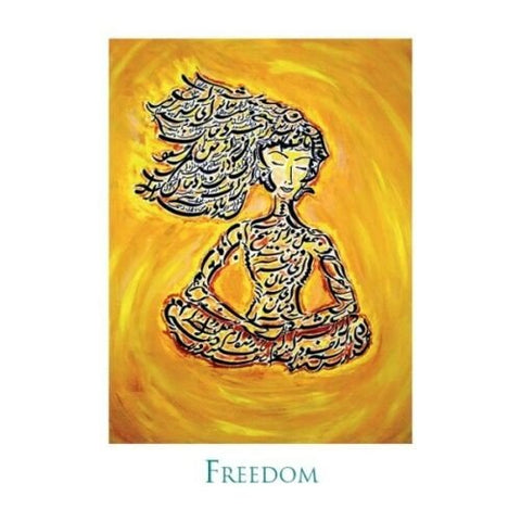 Drobė Freedom geltoname fone, medituojančios moters siluetas dekoruotas ornamentiniais rašmenimis, 50 × 70 cm