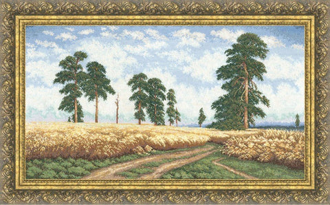 Gobelenas su rugių lauku ir pušimis, auksinio rėmo kraštų detalė, 80x50 cm interjero akcentui